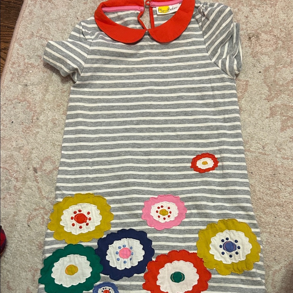 Mini Boden Grey Stripe Dress with Red Collar and Colorful Floral Appliqués